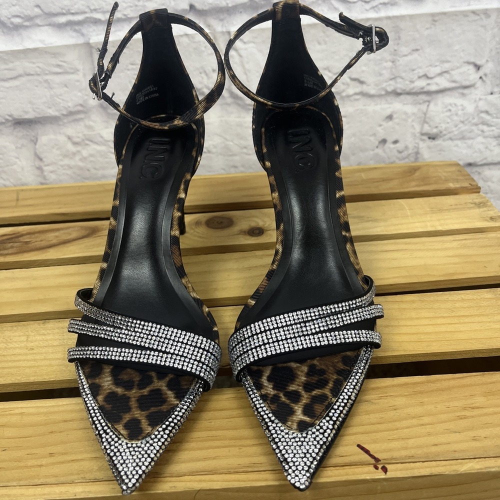 INC Kadira Women's NWOB Glam Edgy  Rhinestone Leopard Stiletto Sandals Size 6.5